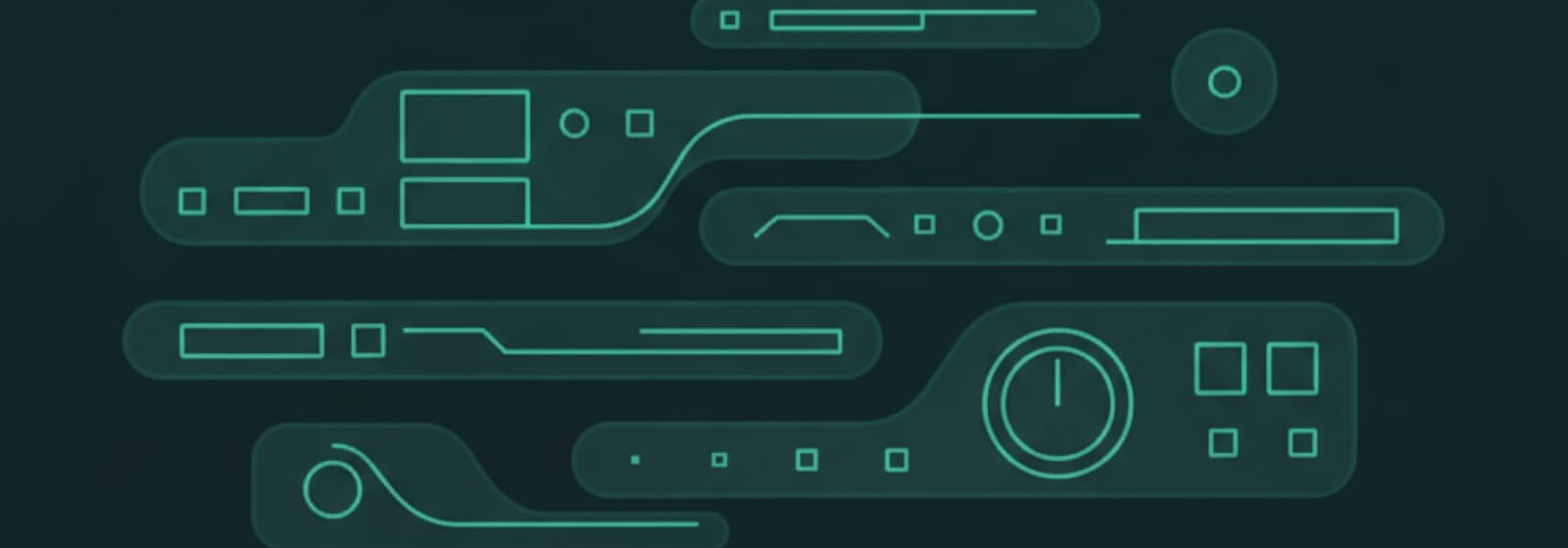 Painel de controle abstrato de uma operação contínua de crescimento — módulos, medidores e fluxos conectados.