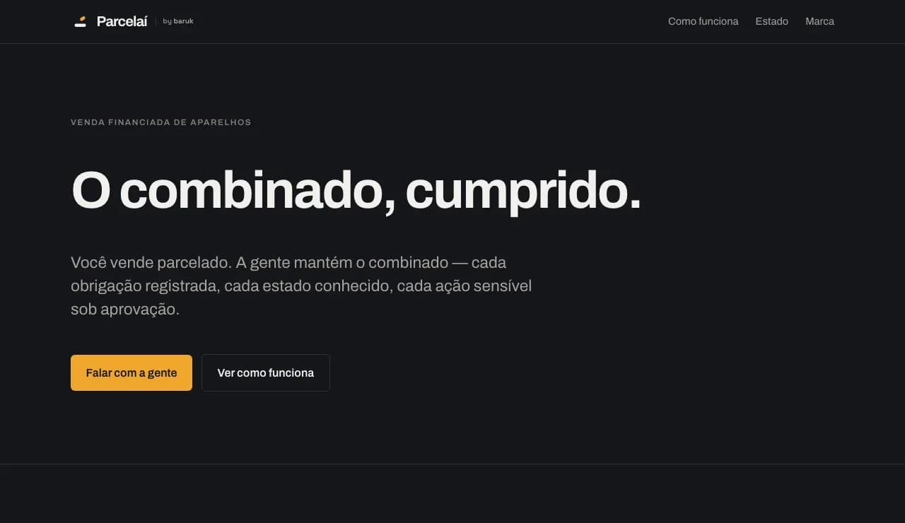 Página pública do Parcelaí, produto em desenvolvimento, em parcelai.net.