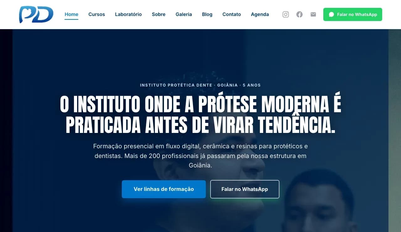 Site do Instituto Protética Dente, com motor de landing pages multi-cidade.