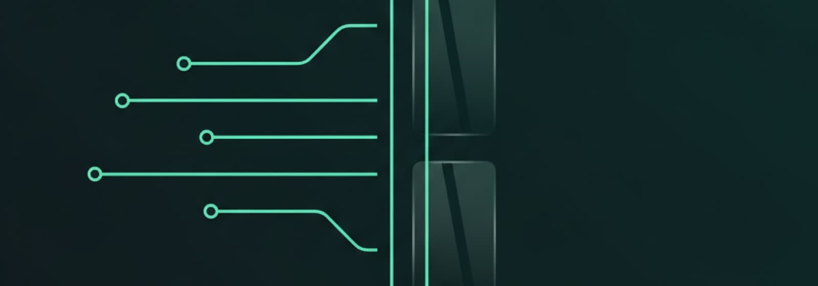 Múltiplos streams de eventos convergindo por linhas de luz verdes em um único pipeline medido — a deduplicação server-side do Tracking Engine.