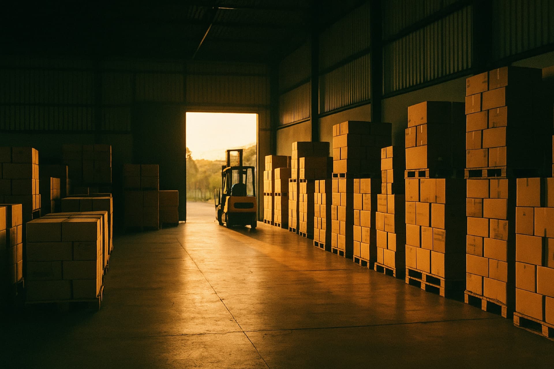 Galpão de distribuição brasileiro ao amanhecer, com empilhadeira e paletes de caixas organizados — a operação real que deu origem à Baruk.