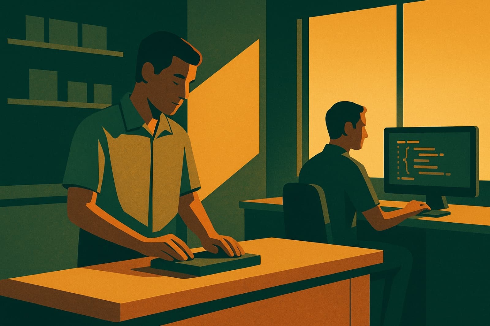 Ilustração editorial: um representante comercial atendendo no balcão e, ao lado, um engenheiro escrevendo código — a passagem do balcão ao software que deu origem à Baruk.